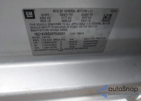 2015 Chevrolet Silverado Lt из США, поврежденный, VIN 1GC1KVEG0FF549561